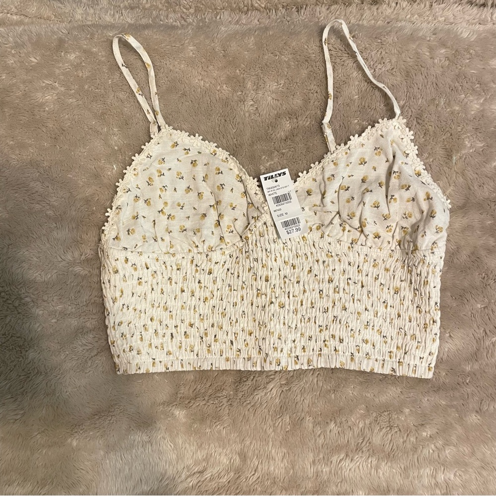Tillys white cropped top with yellow floral design